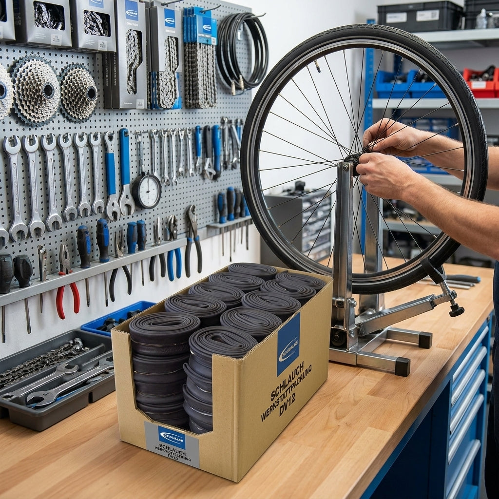 Schwalbe Fahrradschlauch Werkstattpackung DV12 im Karton in Fahrradwerkstatt bei Laufradmontage.