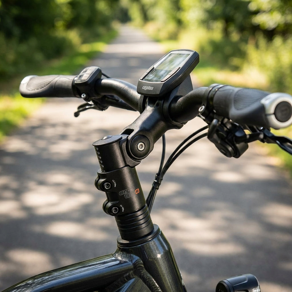 Ergotec Ahead 3 Vorbau-Adapter schwarz, höhenverstellbar, an E-Bike Lenker mit Display auf Waldweg.