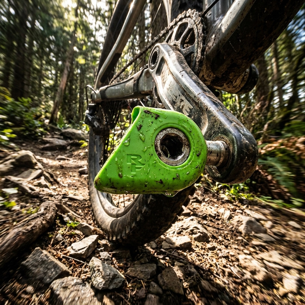 Grüner Race Face Crank Boot Kurbelschutz an schmutziger Fahrradkurbel, effektiver Schutz auf dem Trail.