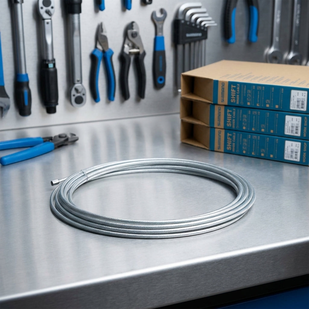 SHIMANO Schaltzug Bulk-Pack für Werkstatt. Silberner OPTISLICK Schaltzug, 3 Boxen und Werkzeuge auf Werkbank.