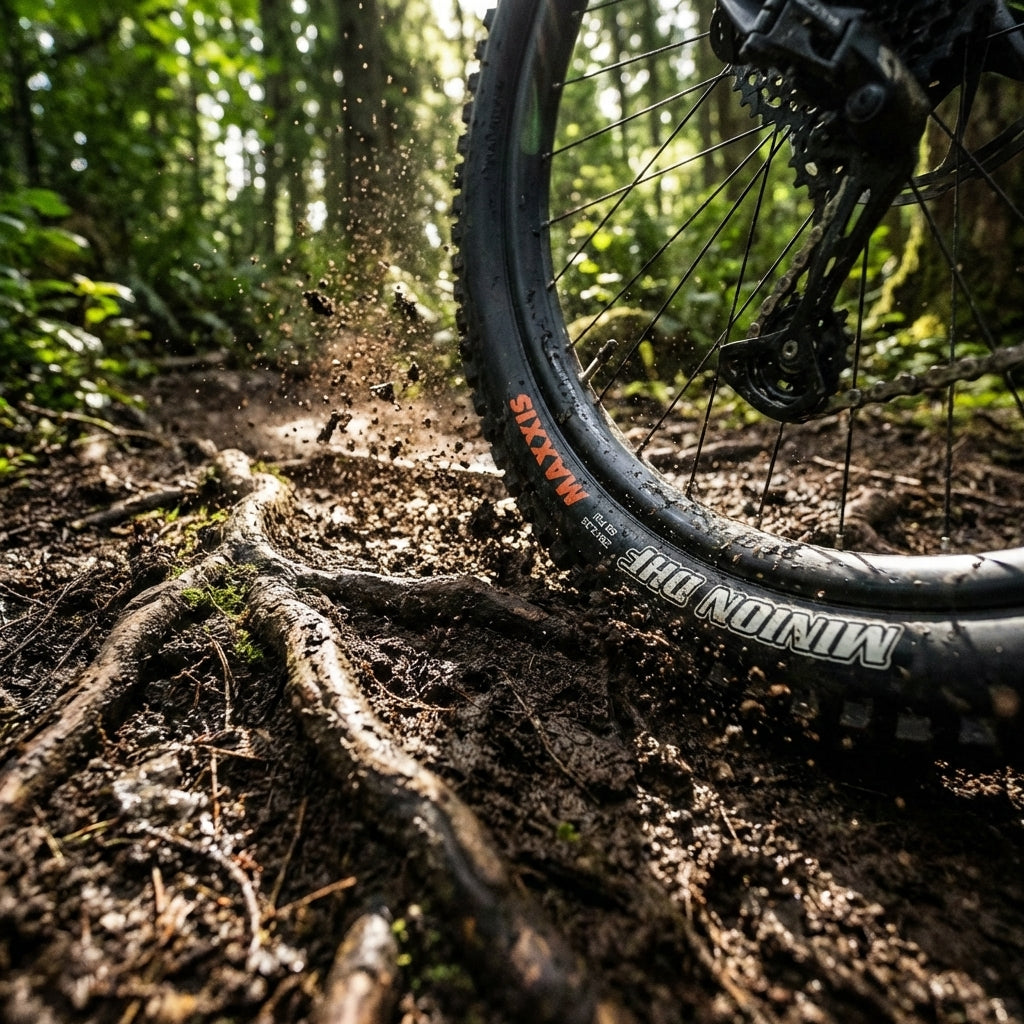 Maxxis Reifen Minion DHF WT 27.5x2.50 Zoll schwarz auf schlammigem Mountainbike-Trail, Dreck spritzt.