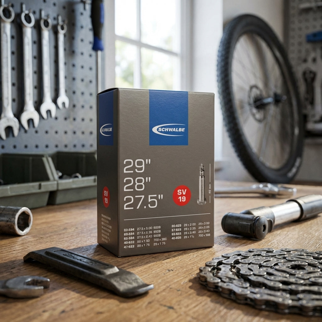 Schwalbe Fahrradschlauch SV19 (27,5/28/29 Zoll) mit 40mm Sclaverandventil auf Werkbank mit Werkzeug.