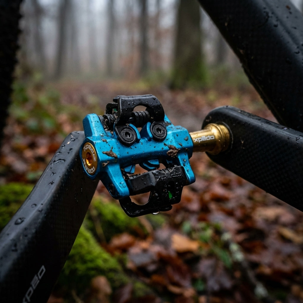 Xpedo CXR Pro Klickpedal in Blau-Gold mit Titanachse für Cyclocross und Gravel, 240g leicht und Shimano kompatibel.
