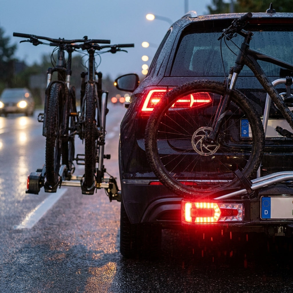 XLC LED Beleuchtung rechts CC-X19 leuchtet hell am Fahrradträger hinten am Auto im Regen.