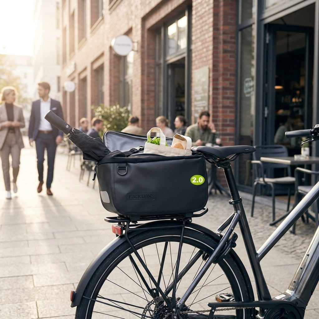 Racktime Trunkbag YVES 2.0 onyxschwarz auf Fahrrad-Gepäckträger mit Einkäufen vor Café in der Stadt.