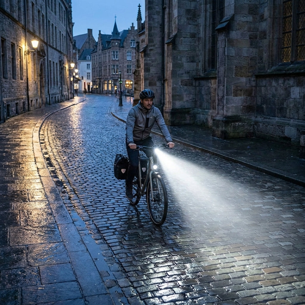 Busch&Müller Lumotec Myc N senso plus StVZO Dynamo Scheinwerfer am Fahrrad auf nasser Kopfsteinpflasterstraße bei Nacht.