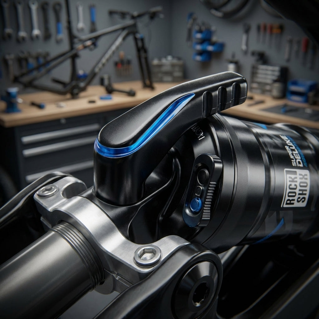 Nahaufnahme des RockShox Super Deluxe A1 Hinterbaudämpfer mit blauem Druckstufenknopf in Fahrradwerkstatt.
