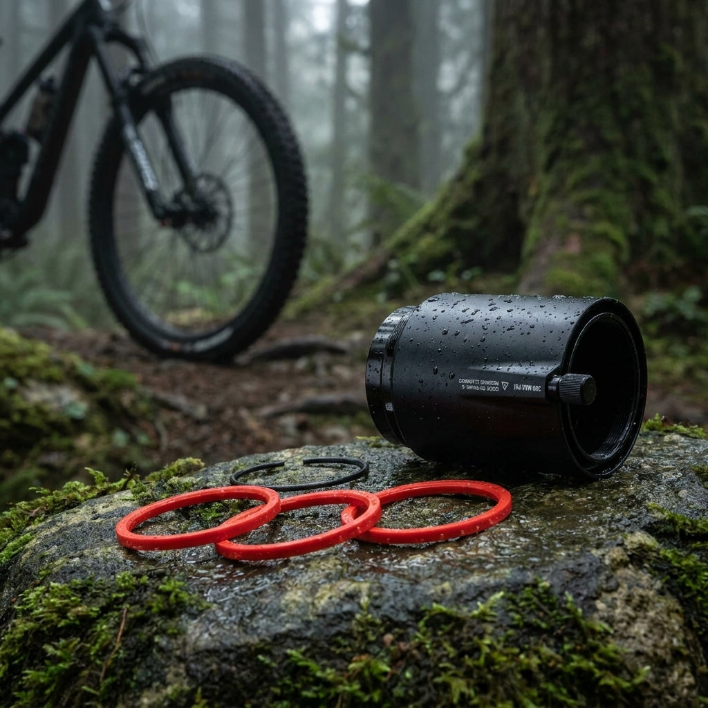 Rockshox Air Can Assembly sw 165 190x37.5-45mm, schwarz, auf feuchtem Stein mit Ringen vor MTB im Wald.