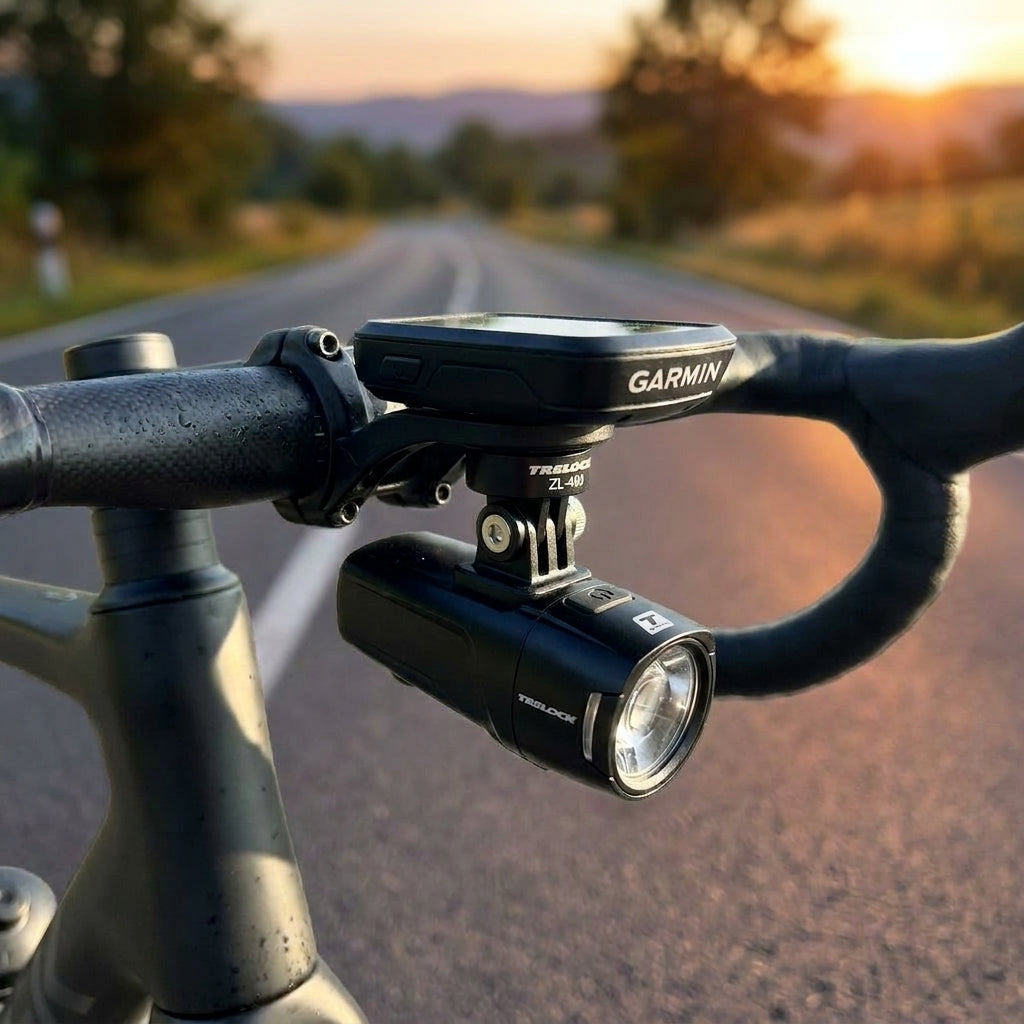 Trelock ZL-490 GoPro Adapter für LS 440/480 Lighthammer Fahrradlicht an Garmin/Wahoo Lenkerhalterung. Aufgeräumtes Cockpit.