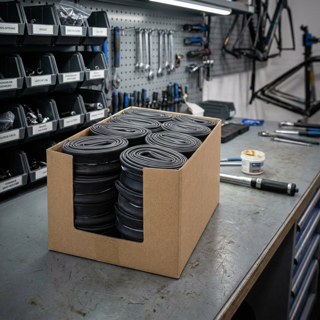 Karton mit 50 Schwalbe Fahrradschläuchen 40-62/507 DV 10-40 in Werkstattumgebung auf Werkbank.