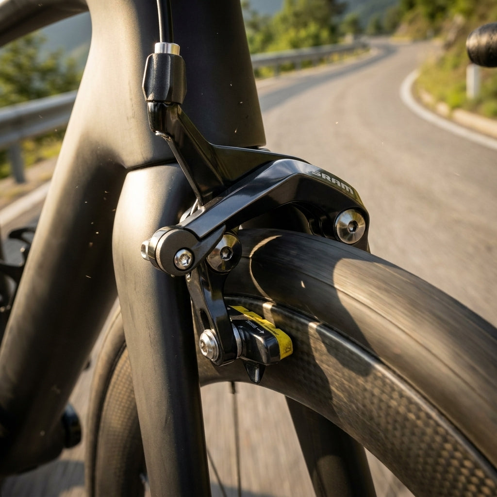 SRAM S900 Direct Mount Felgenbremse vorne am Rennrad mit SwissStop Pro Belägen auf kurviger Straße.