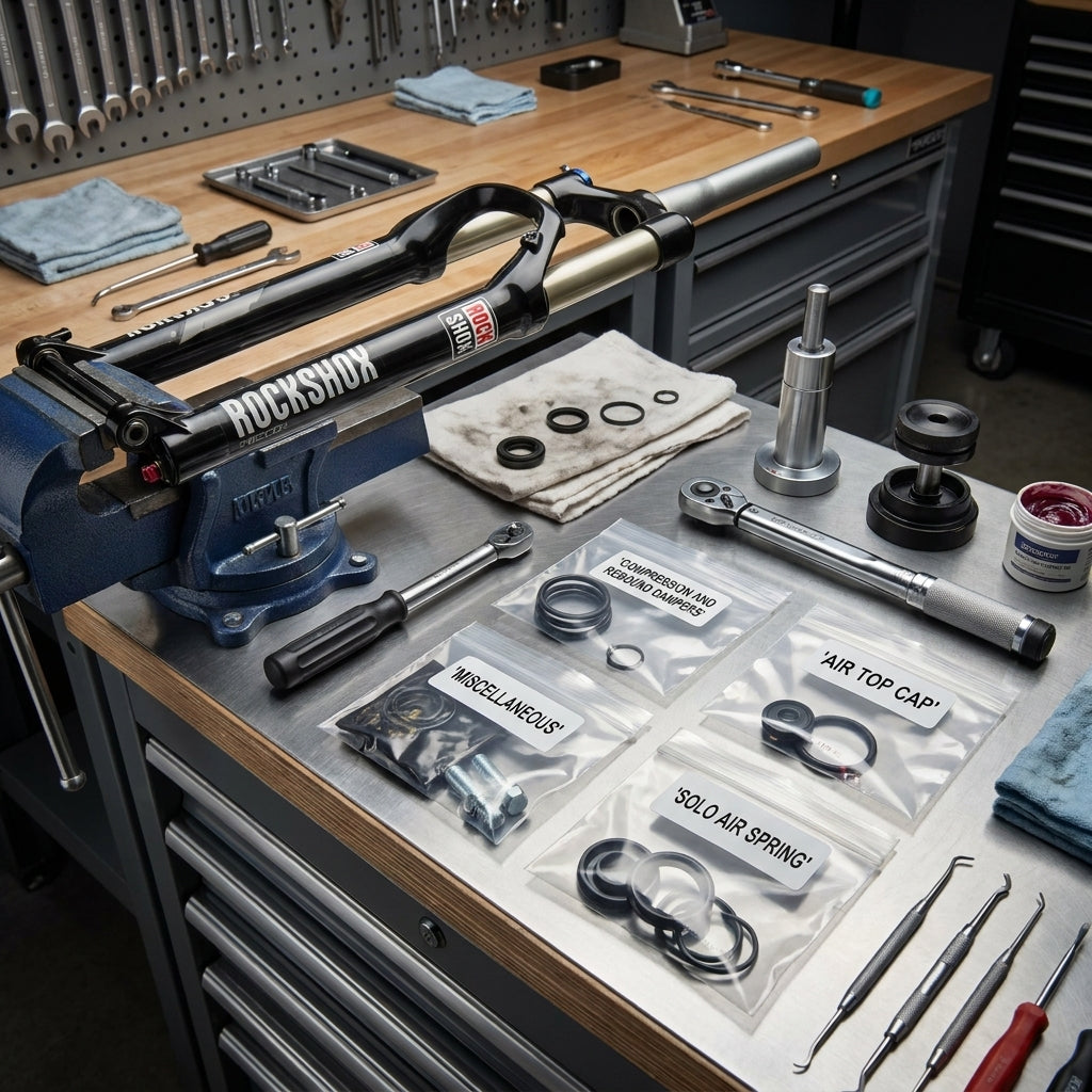RockShox 2010 Recon Service Kit 11.4015.445.000 Teile und Werkzeuge zur Federgabel-Wartung auf Werkbank.