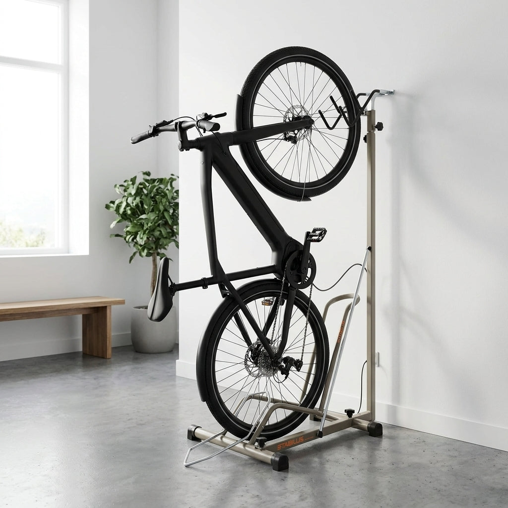 Stabilus Vertical Abstellständer schwarz, platzsparend für E-Bike, alle Reifenbreiten, Ladegerät Halterung, Made in Italy.