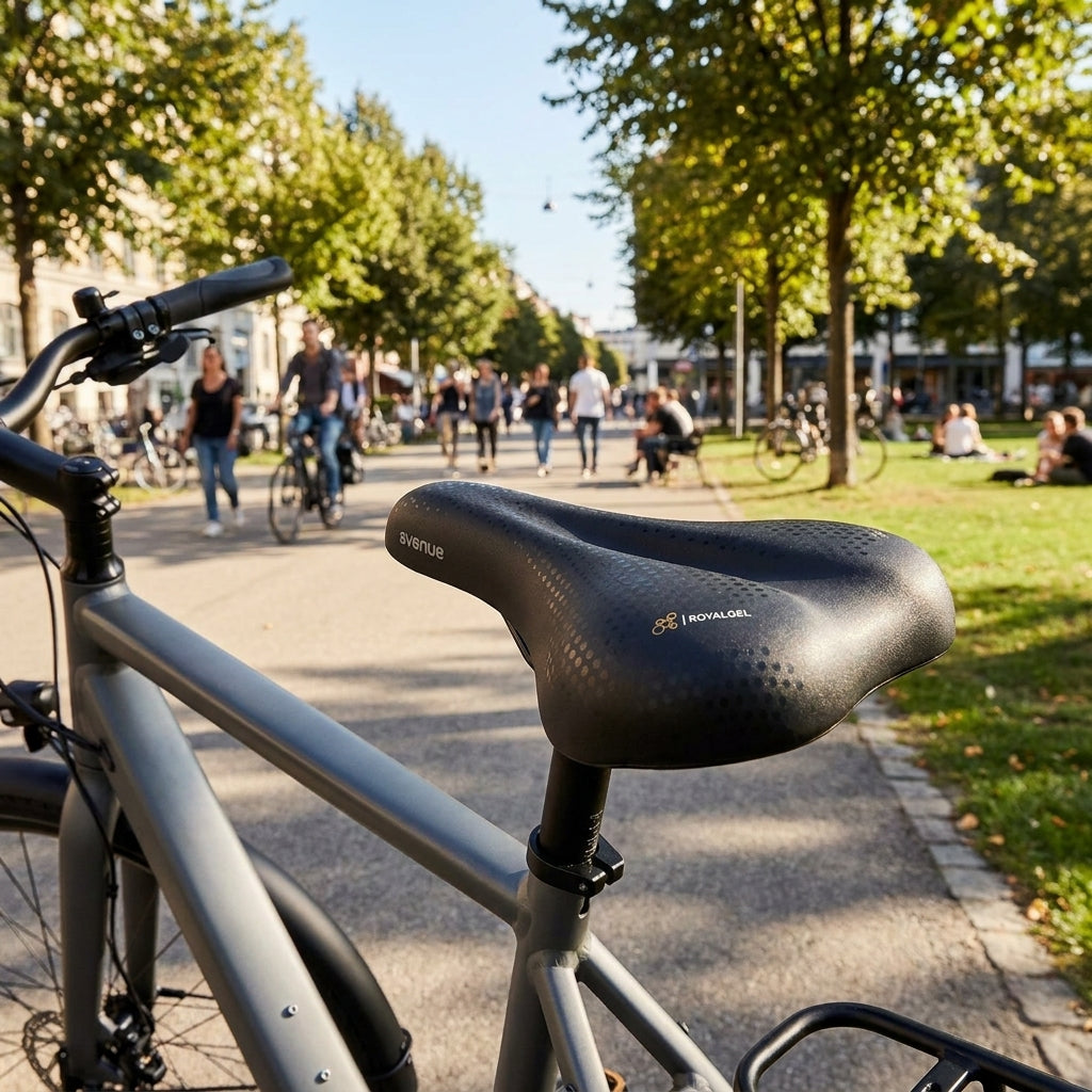 Selle Royal Sattel Avenue Athletic Unisex schwarz am Fahrrad im Park bei Sonnenschein.
