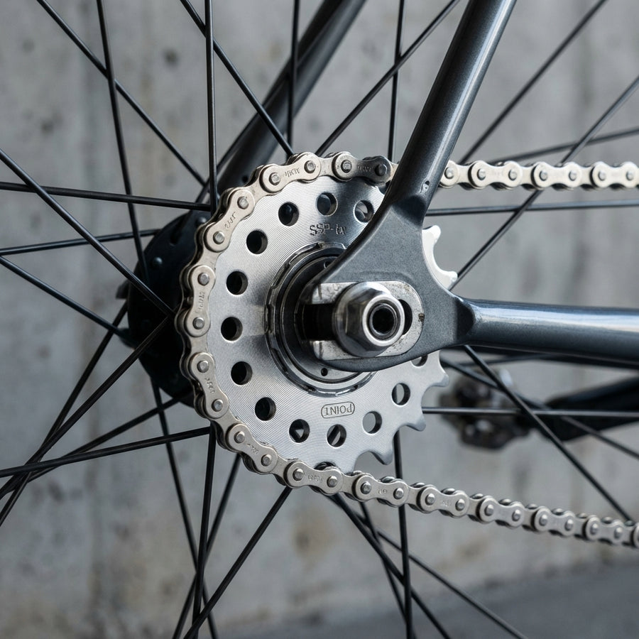 Silbernes Single Speed Ritzel SSP-tx 17 Zähne mit Kette am Fahrrad Hinterrad, Detailaufnahme.