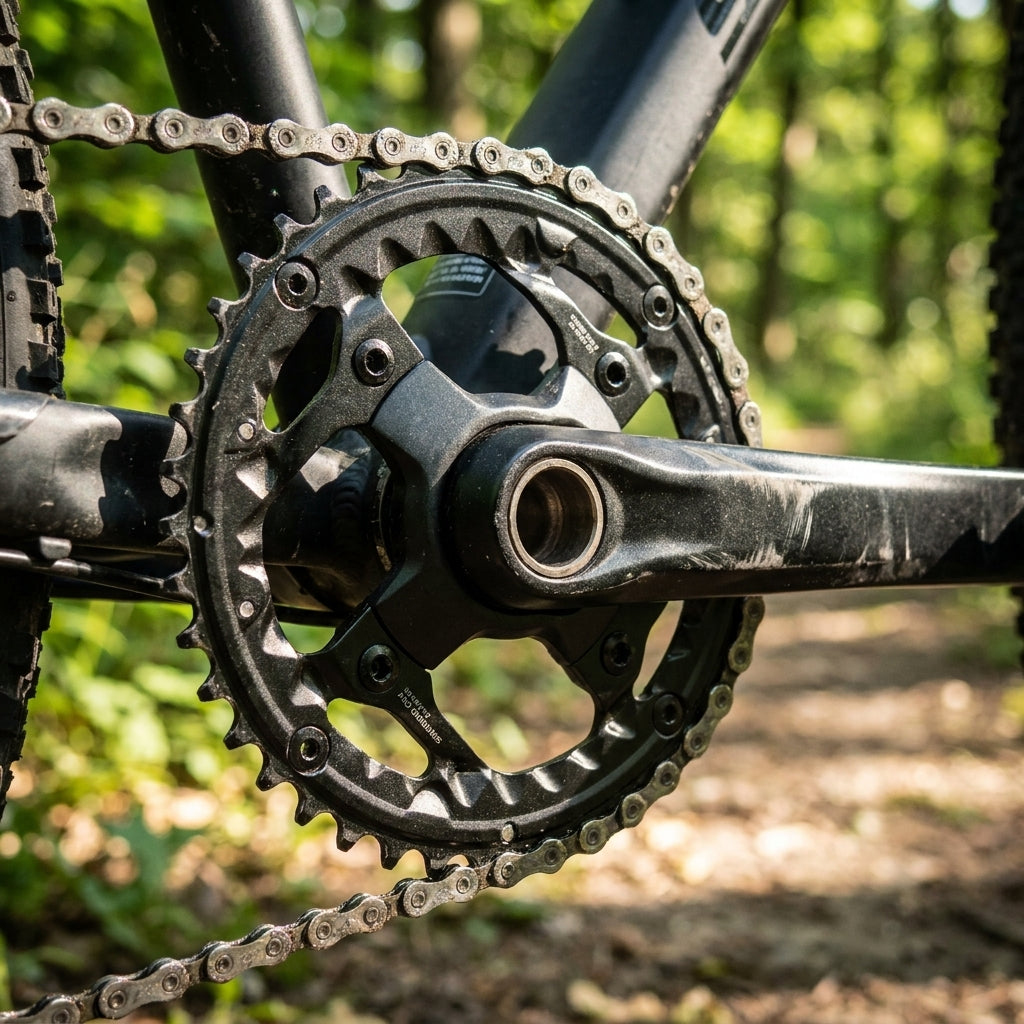 Shimano FC-T521 Trekking-Kettenblatt 44 Zähne mit Kette am Fahrrad auf einem Waldweg.