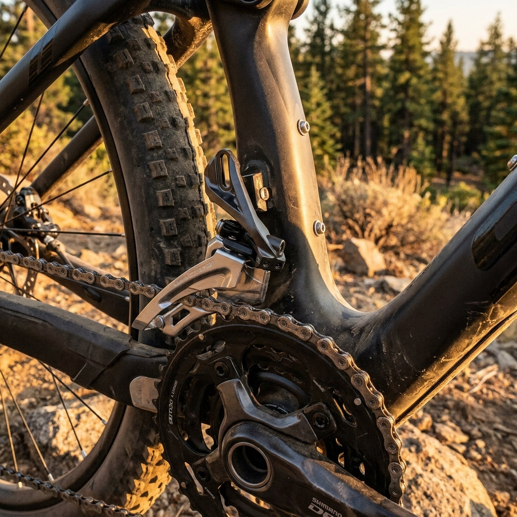 SHIMANO DEORE FD-M6000 Umwerfer 3-fach MTB Direktmontage am Mountainbike, präzise Front-Pull-Schaltperformance.