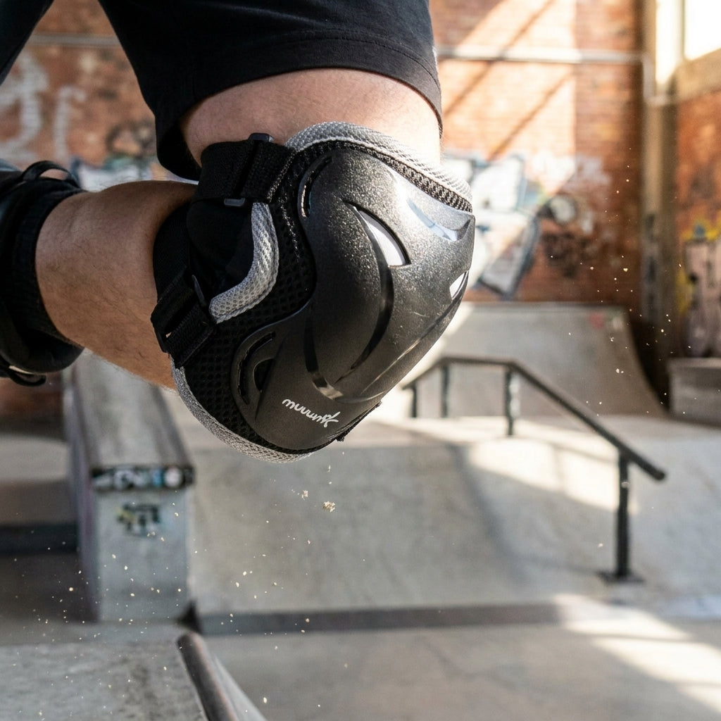 Muuwmi Protektoren-Set schwarz Gr L, Ellbogenprotektor an Skater im Skatepark.