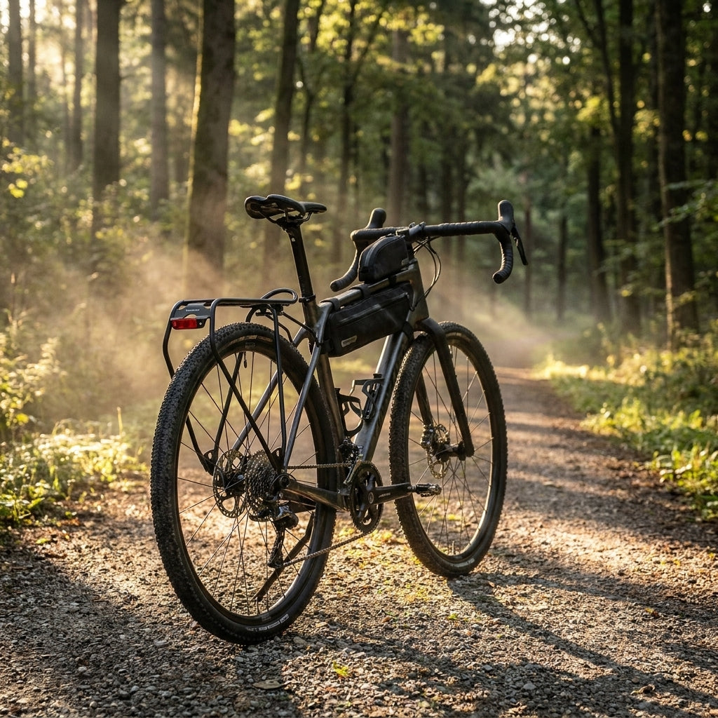 Schwarzes Fahrrad mit Racktime Light-It HR-Gepäckträger (28 Zoll, Rücklichtaufnahme) auf sonnigem Waldweg.