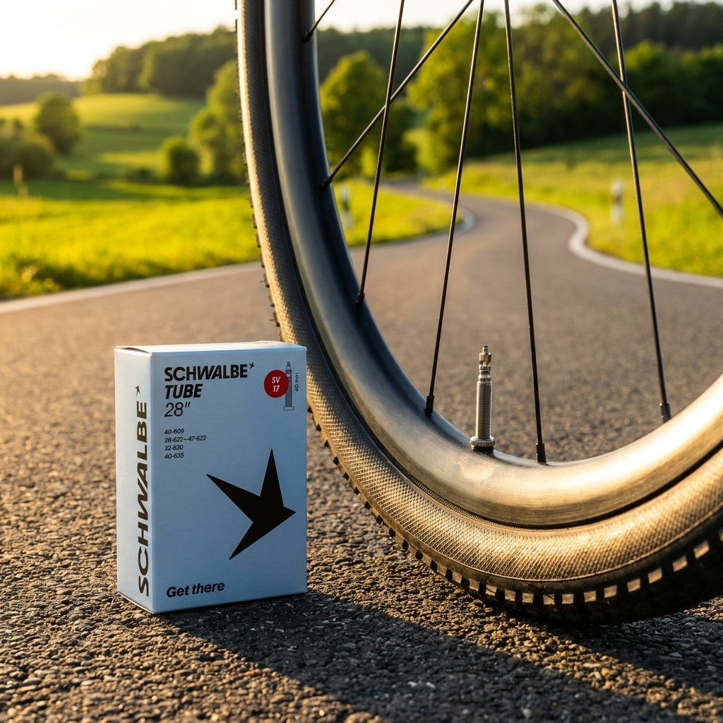 Schwalbe SV17 Fahrradschlauch 28 Zoll mit 40mm Sclaverand-Ventil neben Fahrradreifen auf Straße bei Sonnenuntergang.