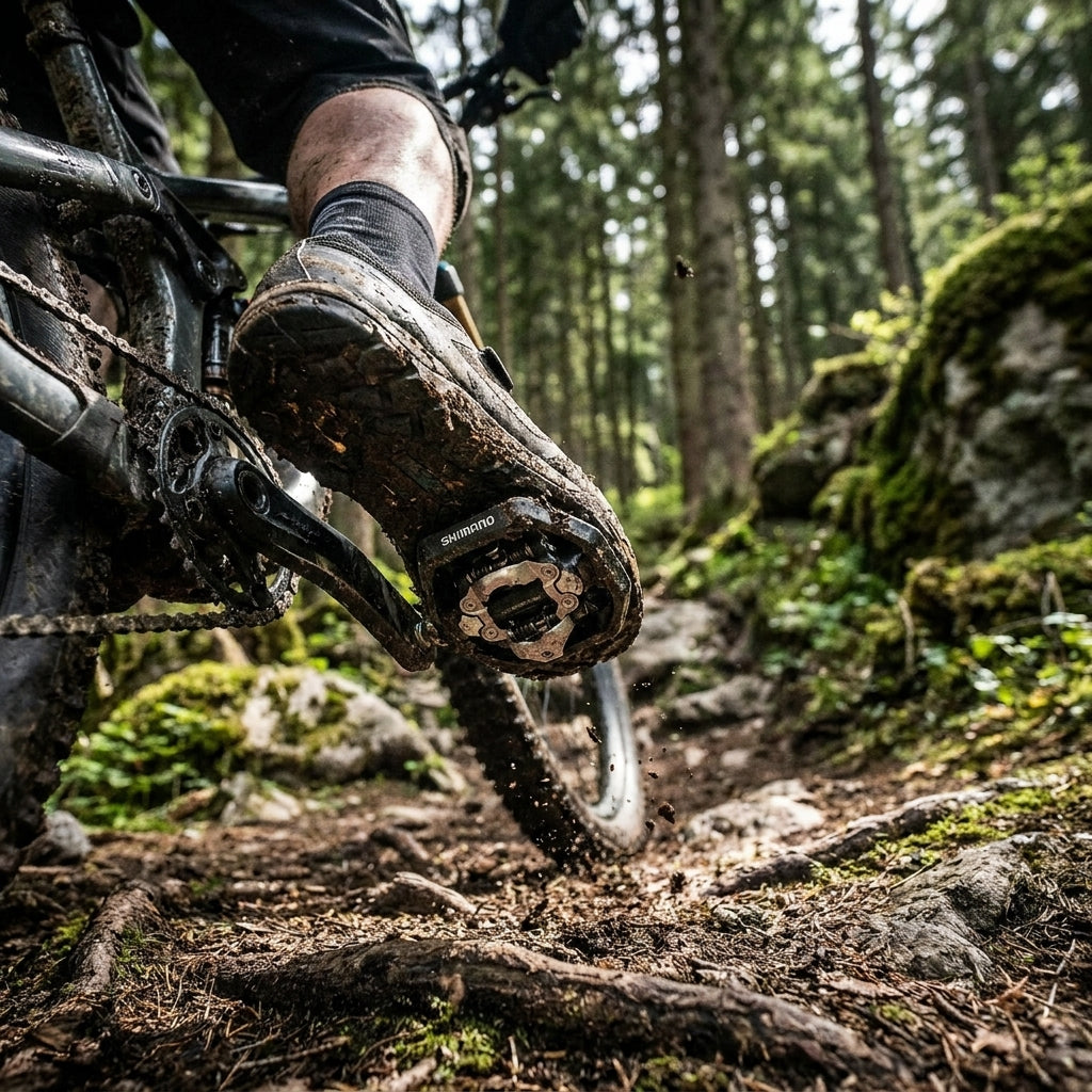 SHIMANO Pedal PD-ME700 SPD Trail Klickpedal schwarz am Mountainbike im schlammigen Wald.