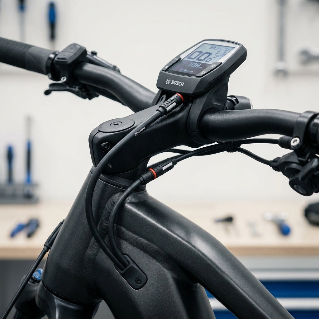 Bosch Display-Kabel 400 mm am E-Bike-Lenker mit verbundenem Display.