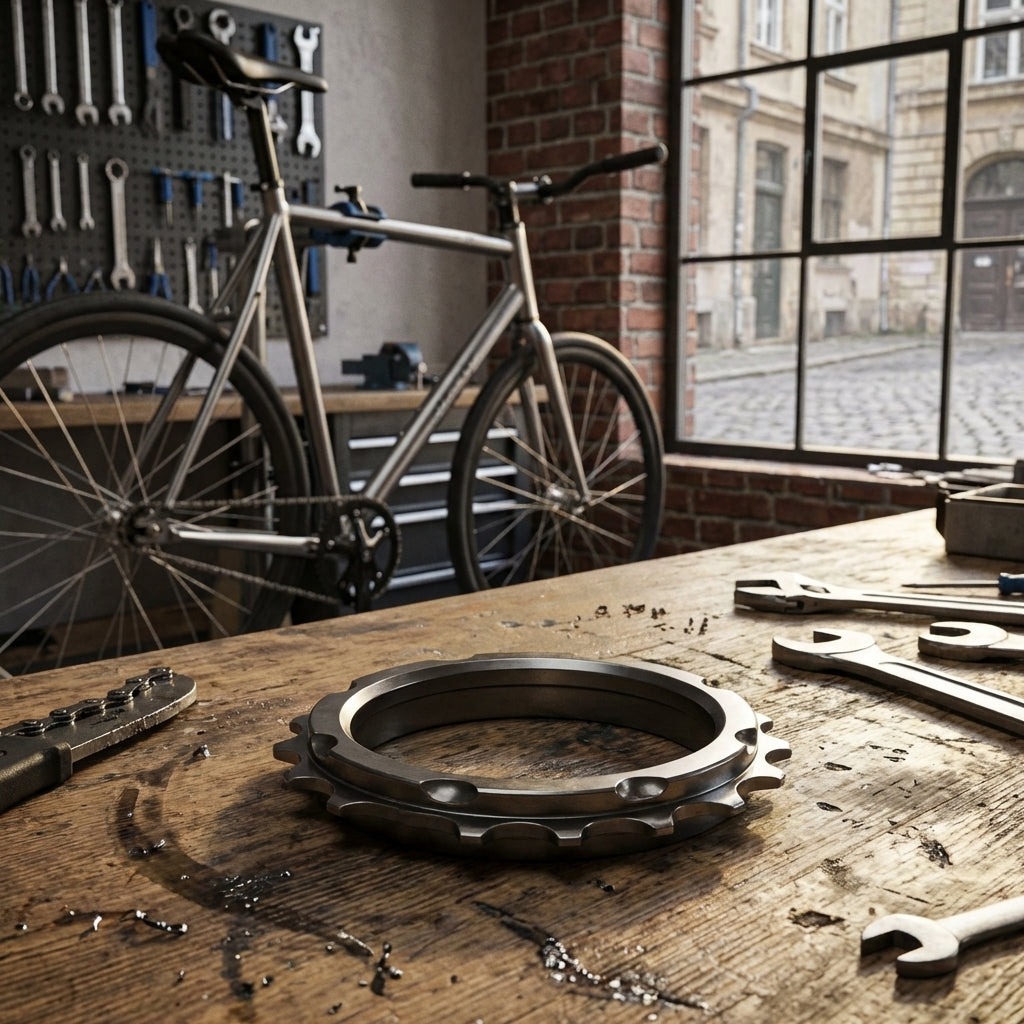 XLC Ritzelträger Stahl auf Werkbank mit Fahrrad und Werkzeugen in Fahrradwerkstatt.