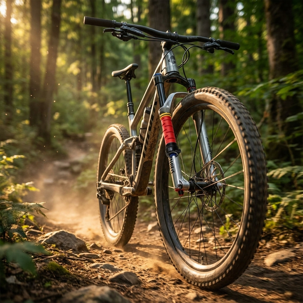 RockShox Gabeldämpfer für Sektor Silver/Recon RL Federgabel am Mountainbike auf sonnigem Waldweg.