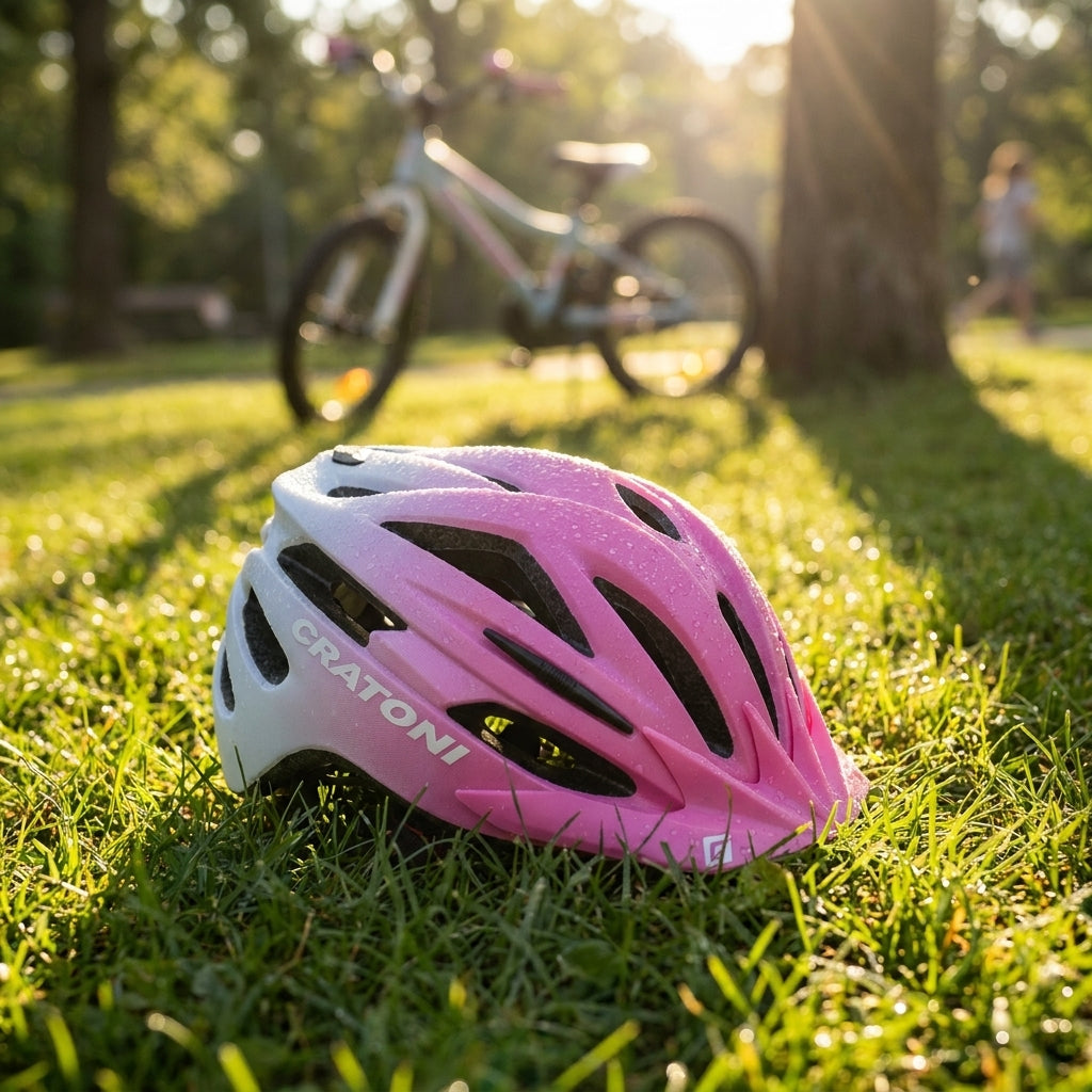 Cratoni Kinderhelm Pacer jr pink weiß matt XS/S 50-55cm mit Wassertropfen auf Gras im Sonnenlicht, Fahrrad im Hintergrund.