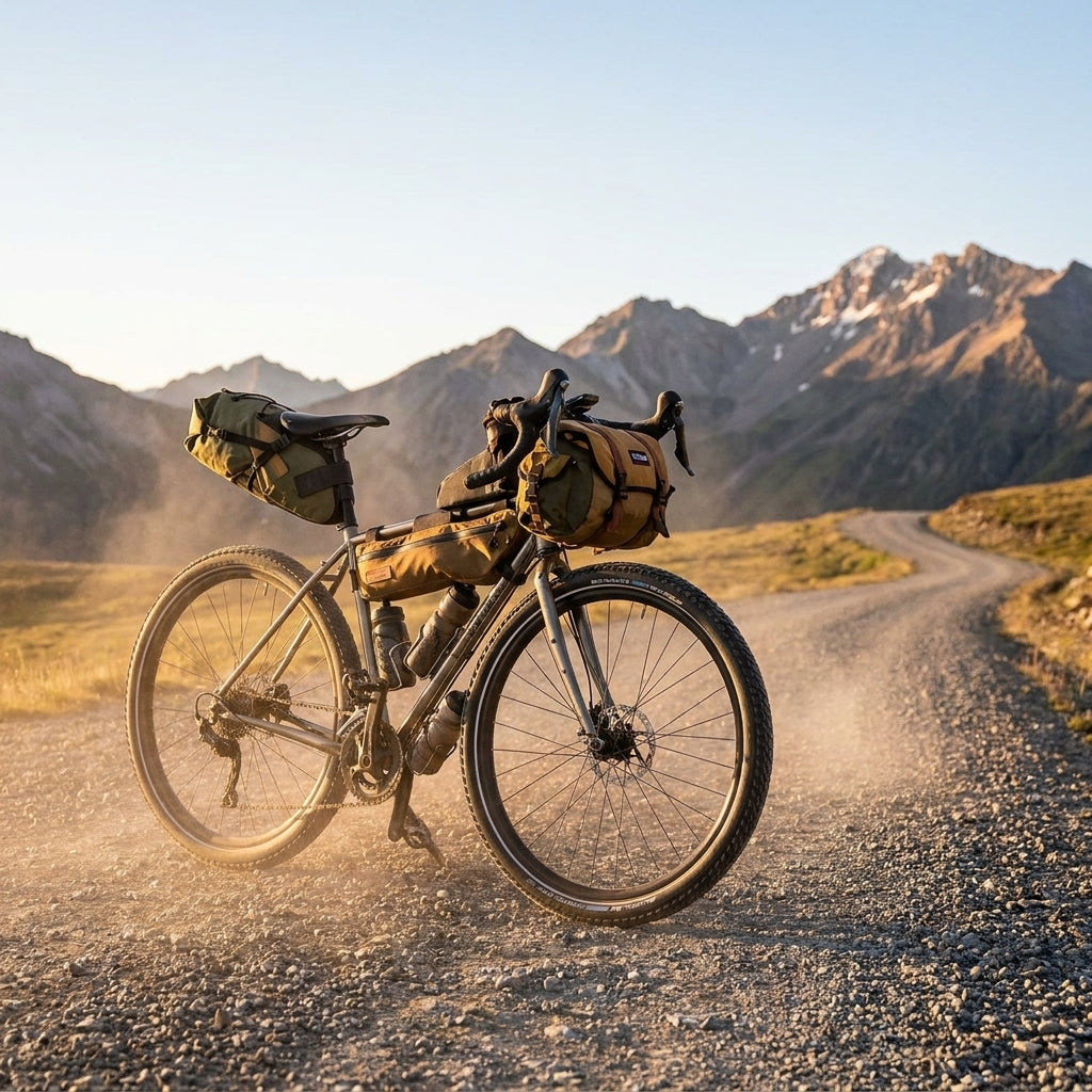 Schwalbe Marathon Mondial Pro Faltreifen am Reiserad auf staubigem Schotterweg in den Alpen.