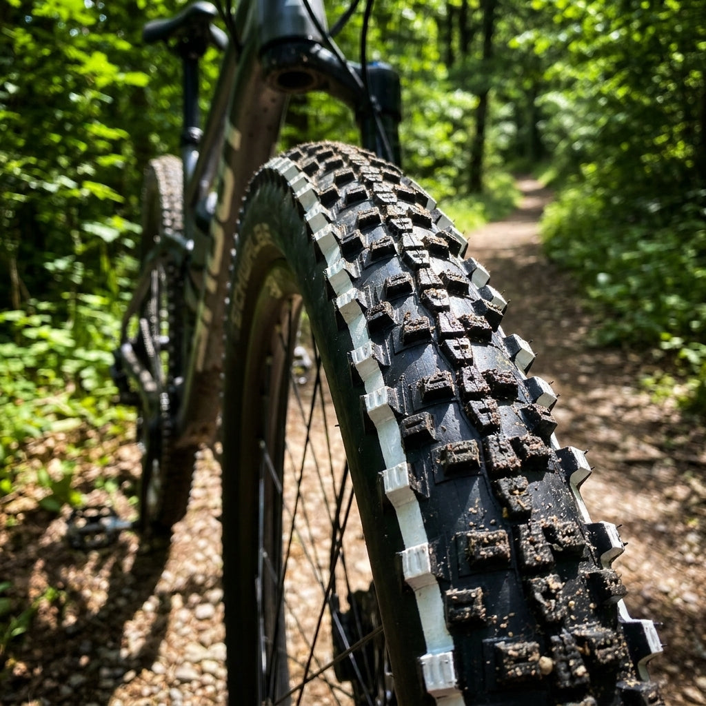 Schwalbe Smart Sam MTB Drahtreifen mit Addix Performance Allroundprofil auf schmutzigem Waldweg.