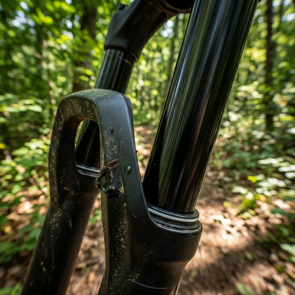 Schwarze RockShox 35mm Gabel mit Dust Wiper Upgrade Kit, ultra-reibungsarm, schmutzig auf nassem Mountainbike-Trail.
