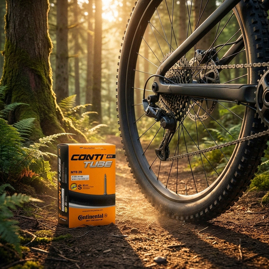 Continental Conti MTB 29 Fahrradschlauch mit 60mm Ventil auf Waldweg neben Mountainbike bei Sonnenuntergang.