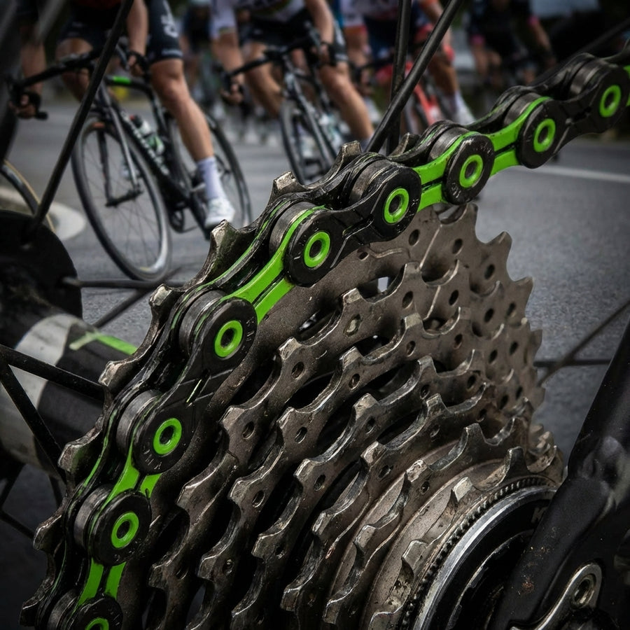 KMC X-11-SL DLC Fahrradkette schwarz-grün 11-fach auf Kassette, unscharfe Radfahrer im Hintergrund.
