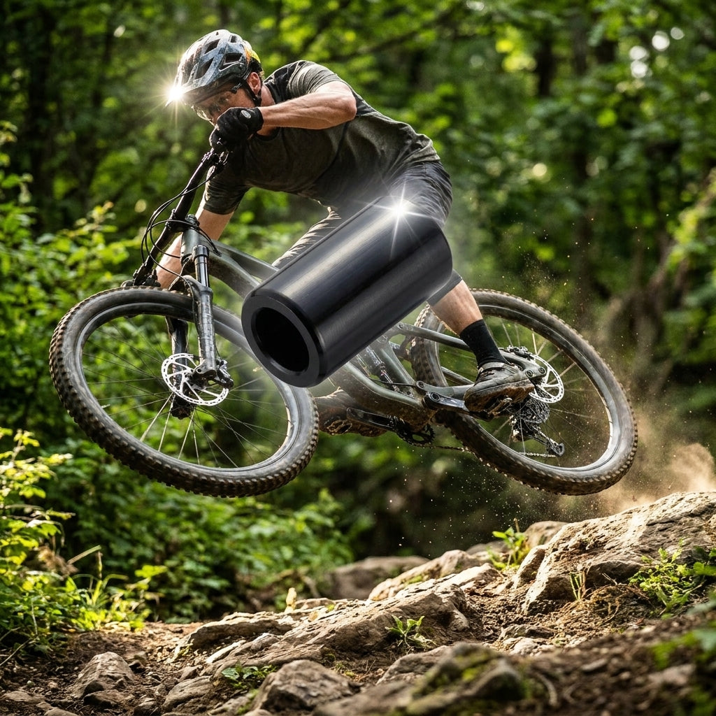 Ruckshox Dämpferbuchsen-Set Metric offset 10x60mm (Stahl, schwarz) vor Mountainbiker im Sprung auf felsigem Waldweg.