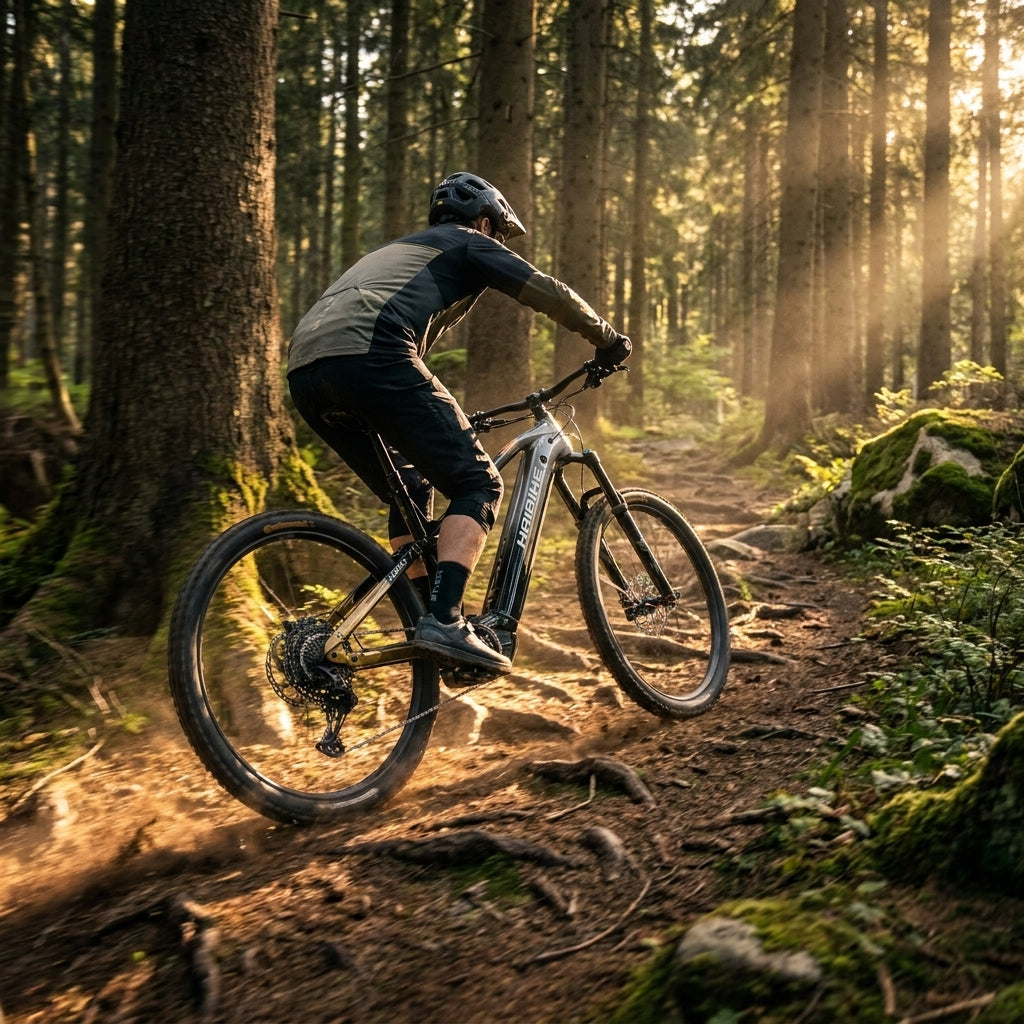 Haibike ALLTRAIL 10.5 29 E-MTB in schwarz/gold/grau auf sonnigem Waldtrail, Mountainbiker fährt.