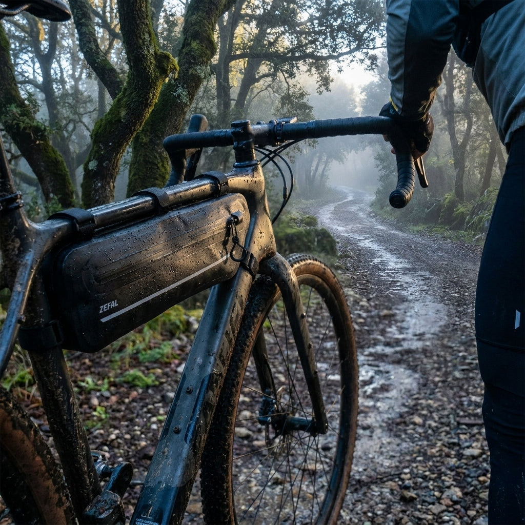 Wasserdichte Zéfal Rahmentasche Z Adventure C2 schwarz am Gravelbike auf nassem Waldweg im Nebel.