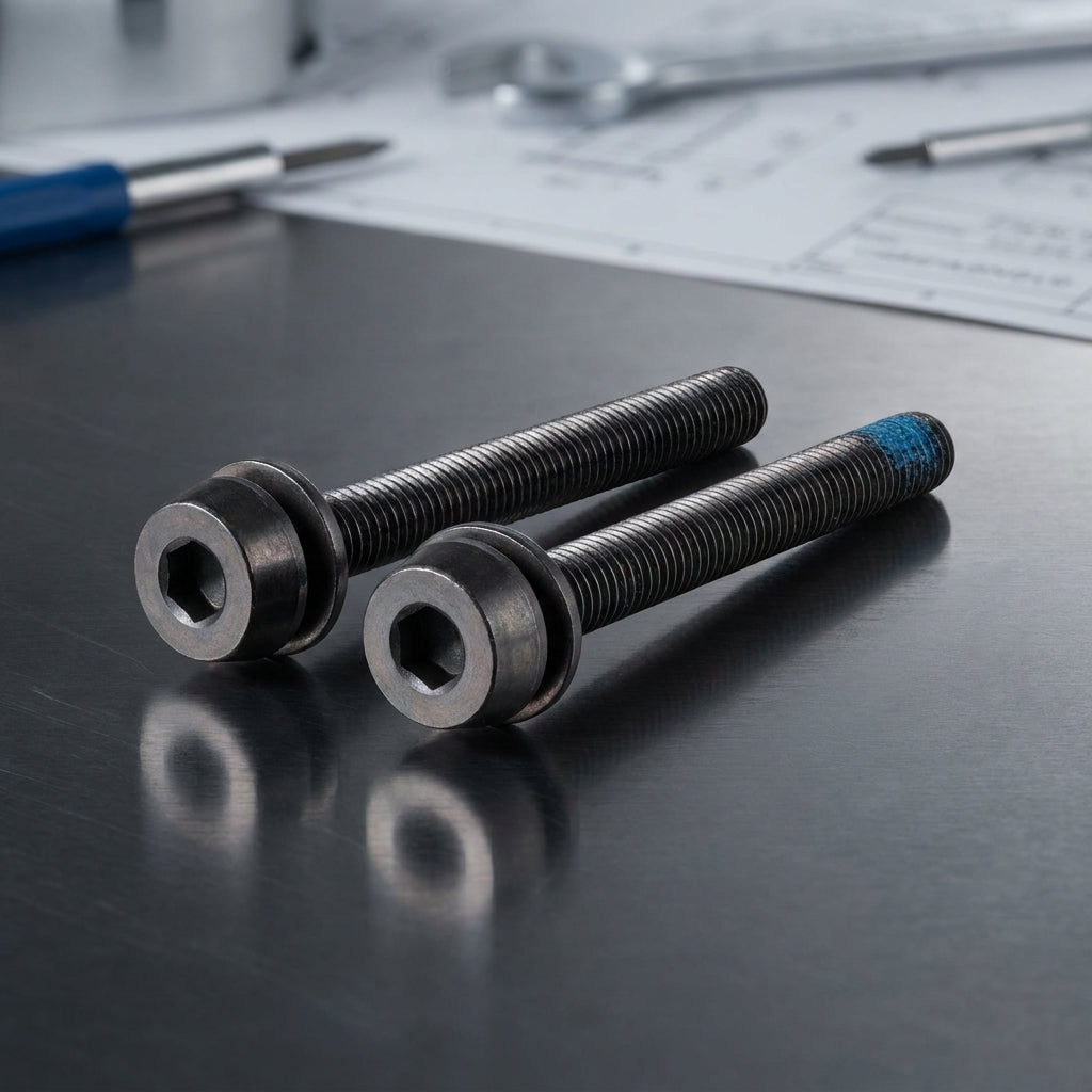 Zwei Campagnolo H11 Scheibenbremsen-Schrauben für hinten auf dunklem Metall, eine mit blauer Spitze.