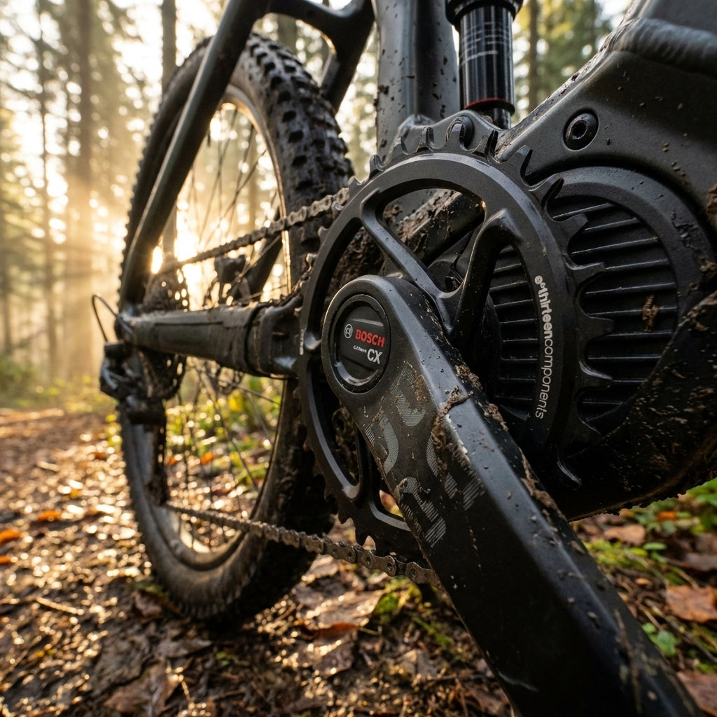 ethirteen espec DM Kettenblatt Stahl Bosch CX Gen4 E-MTB, schwarz, im Einsatz auf einem nassen Waldweg.