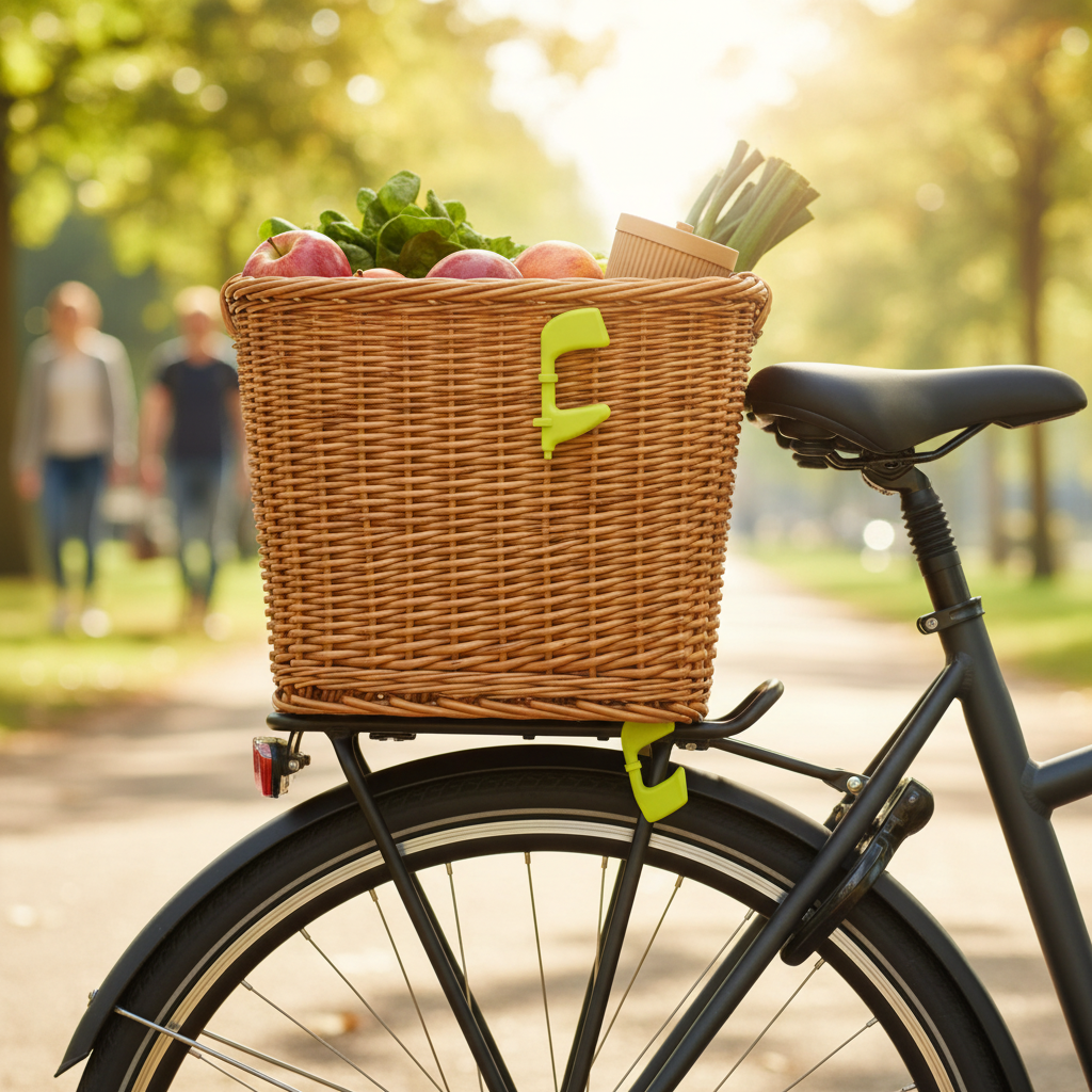 Basil Taschenhaken Hook on gelb am Fahrradkorb mit Einkäufen auf Gepäckträger, sonniger Parkweg.