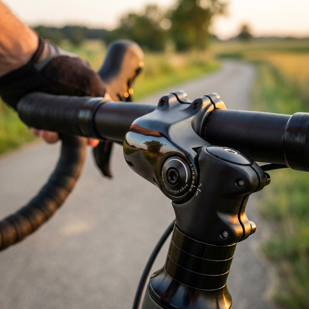 Ergotec Vorbau Octopus 2 SL Alu schwarz am Fahrradlenker, Winkel einstellbar, auf einer Fahrt bei Sonnenuntergang.