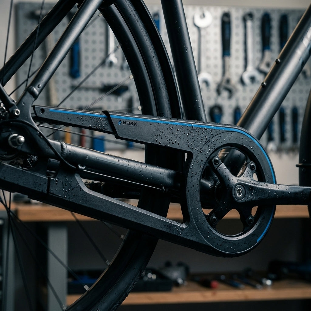 Schwarzer Horn Kettenschutz Catena 16, 1-flügelig für 48 Zähne, verstellbar 330-400 mm, montiert am Fahrrad-Kettenrad.