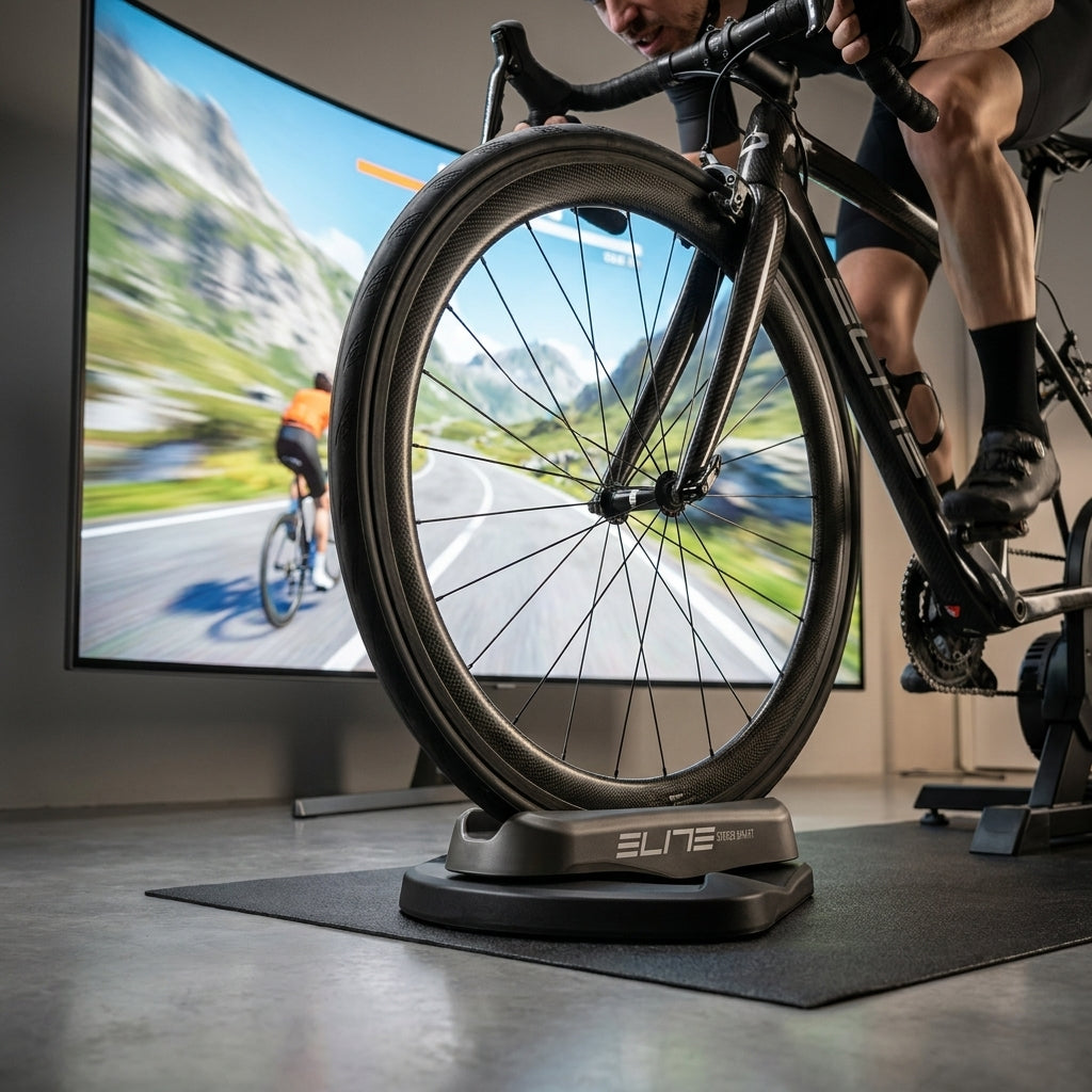 ELITE Sterzo Smart Travelblock Vorderradstütze mit Lenkfunktion für Indoor-Cycling und virtuelles Training.