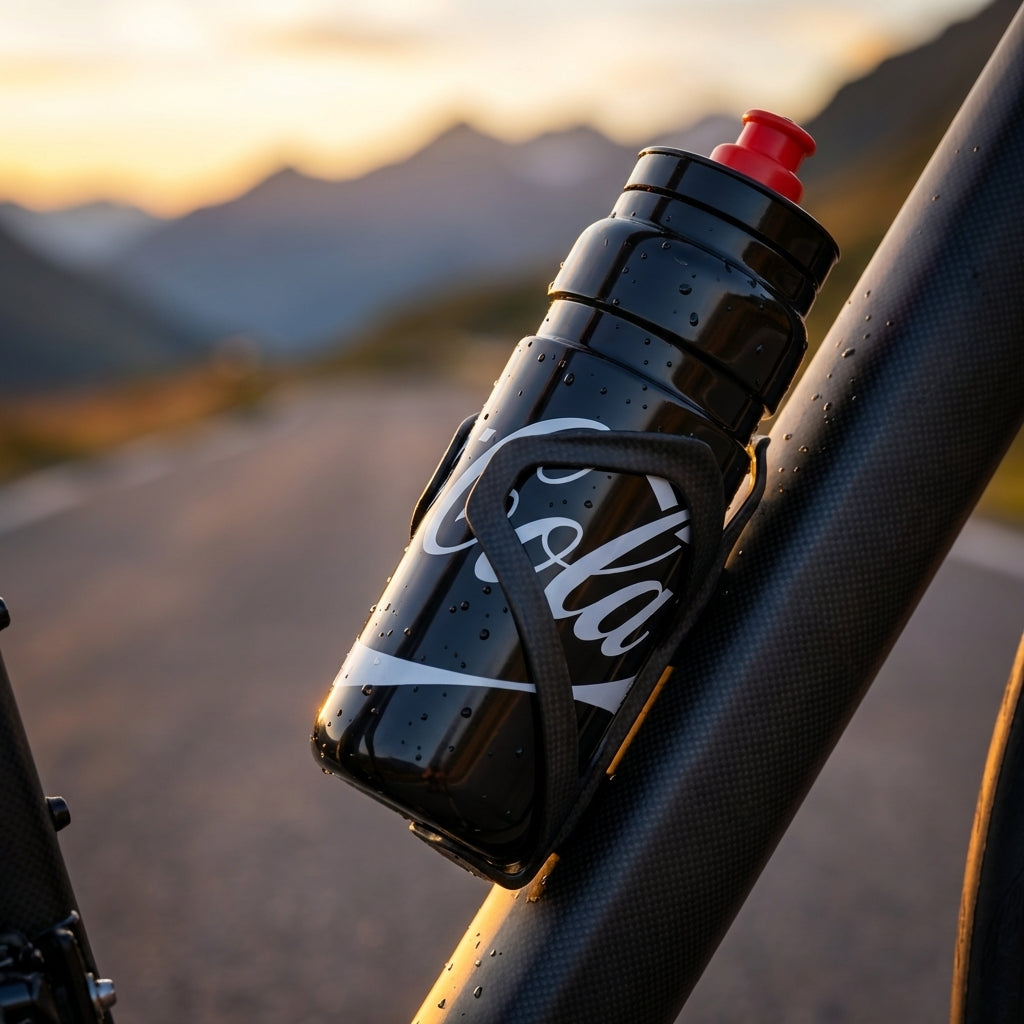 Elite Fly Coca-Cola Trinkflasche 750ml in Schwarz, ultraleicht für Radsport, BPA-frei mit Push-Pull Ventil.