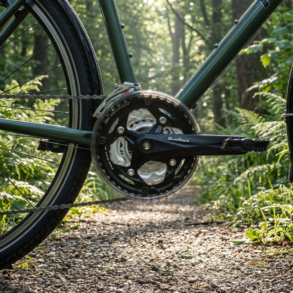 SunRace FCM600 Kurbelsatz 3x7/8-fach schwarz am Fahrrad auf einem Waldweg