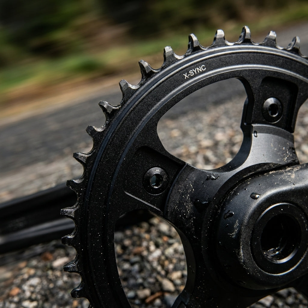 Schwarzes SRAM X-Sync Road 12-fach 38T Kettenblatt für präzisen Rennrad-Antrieb.