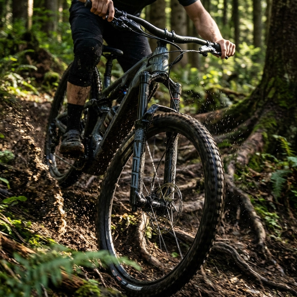 RockShox ZEB Select Charger RC 29 Zoll Federgabel schwarz am E-MTB in Aktion auf nassem Waldtrail, 180mm.