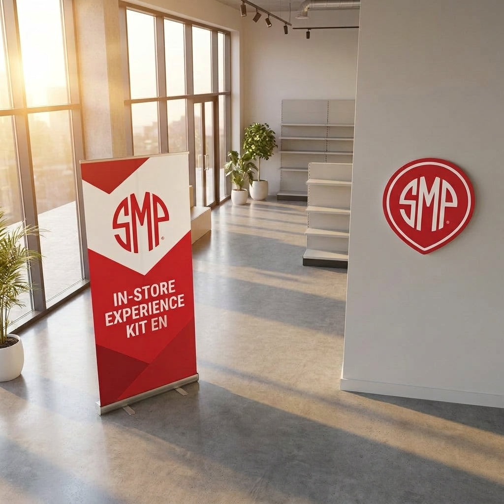 SMP In-Store Experience Kit EN: Professionelles Banner und Logo Schild in Rot Weiß für starke Markenpräsenz im Handel.