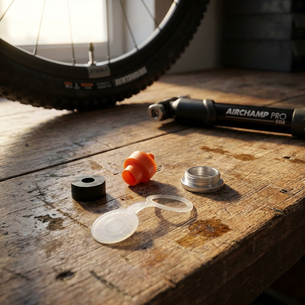 SKS Ersatzteilset für Airchamp Pro CO2 Pumpe: reversibler Ventileinsatz für alle Ventilarten auf Holztisch.