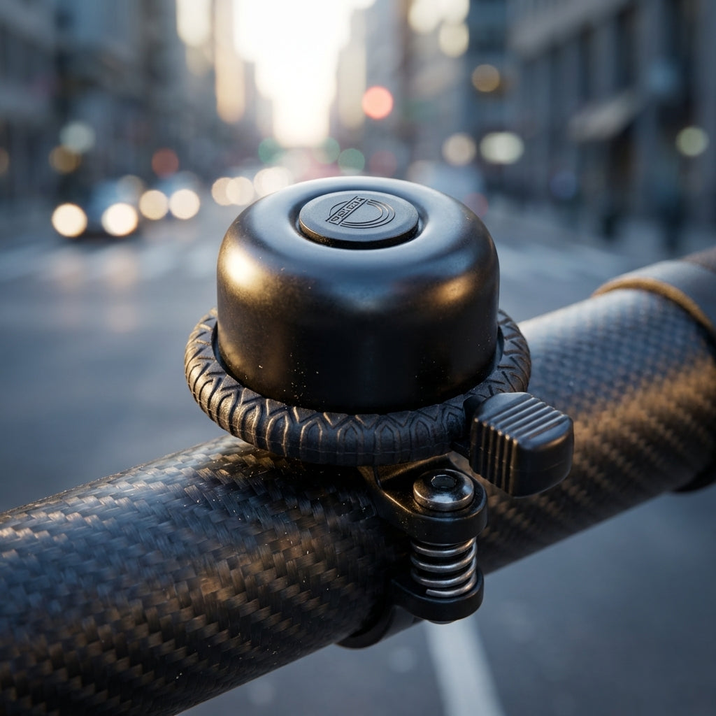 Schwarze Reich Mini Drehklingel aus Aluminium am Carbon-Fahrradlenker in der Stadt.